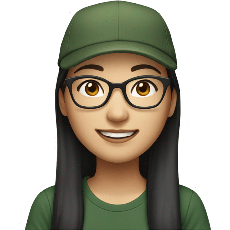 Hyper realistic, look from side, asian adult woman, light white skin, smiling with teeth, black eyes, spotted frame glasses, long brown straight hair with highlighted strands, black T-shirt, dark green cap. emoji