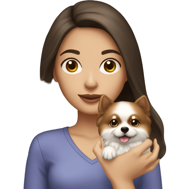 Brunette girl holding a cream pomeranian  emoji