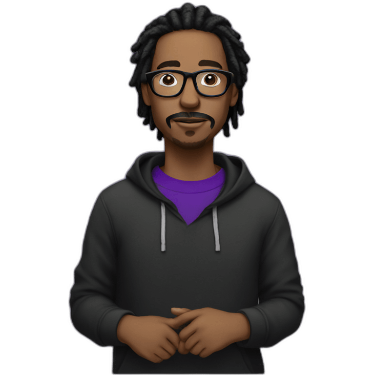 with mustache Black digital creator with glasses and black locs and purple sweatshirt emoji