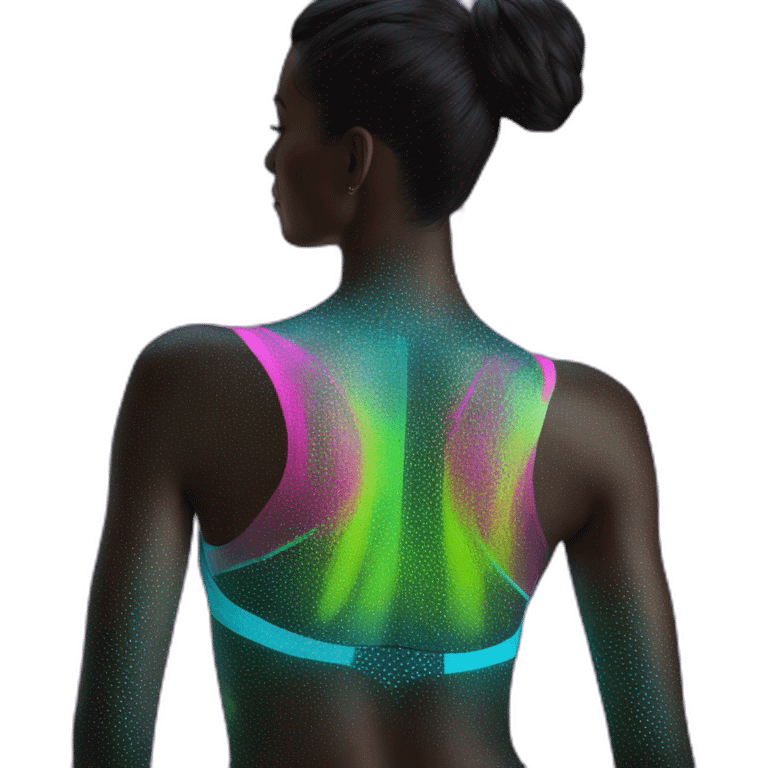 Hyper-realistic neon sculpture showing tall sultry fitness model in mesh body paint from behind emoji