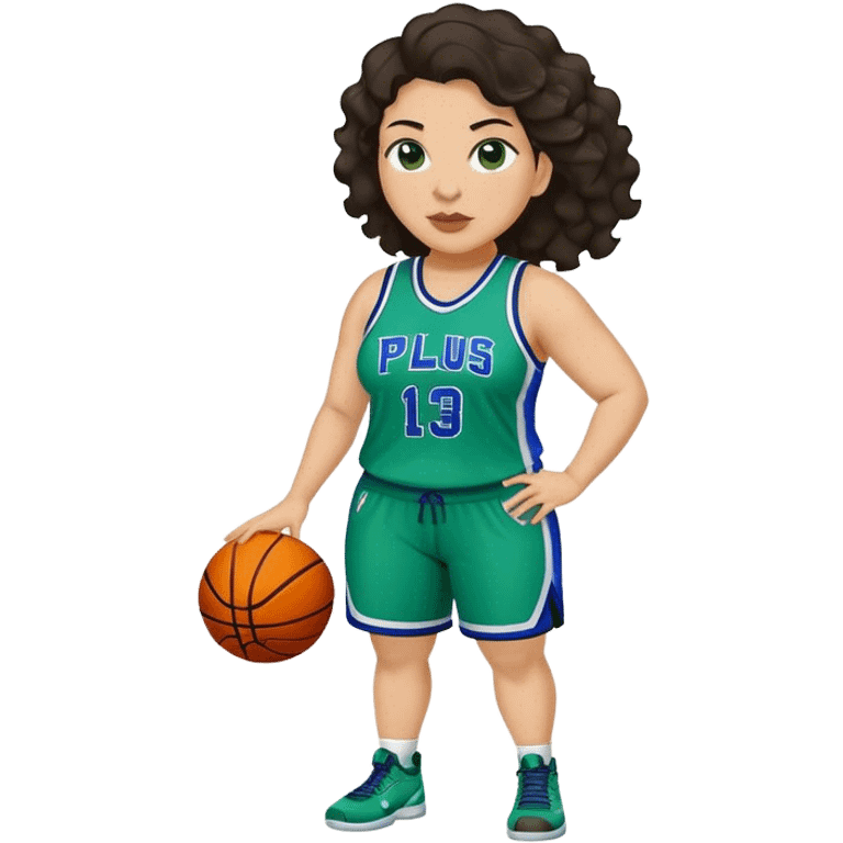 full body plus size light skin latino women basketball player with wavy dark hair large wide nose wearing blue with green uniform emoji