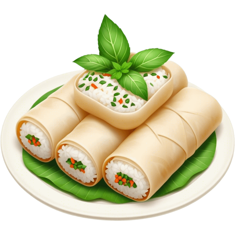 Bánh Cuốn Cinematic Realistic Bánh Cuốn Dish Emoji, depicted as delicate steamed rice rolls garnished with chopped mint on top, rendered with lifelike textures and fresh, vibrant lighting. emoji