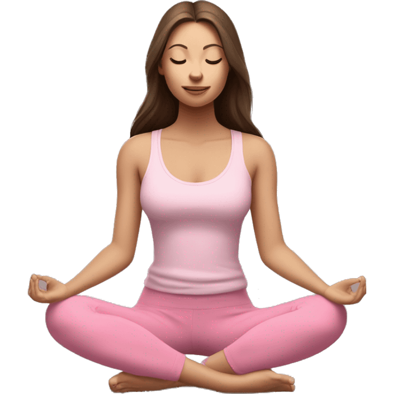 a girl with brown long hair, fair skin and green eyes, meditates in a relaxed lotus position in a comfortable monochrome pink top and monochrome pink leggings emoji