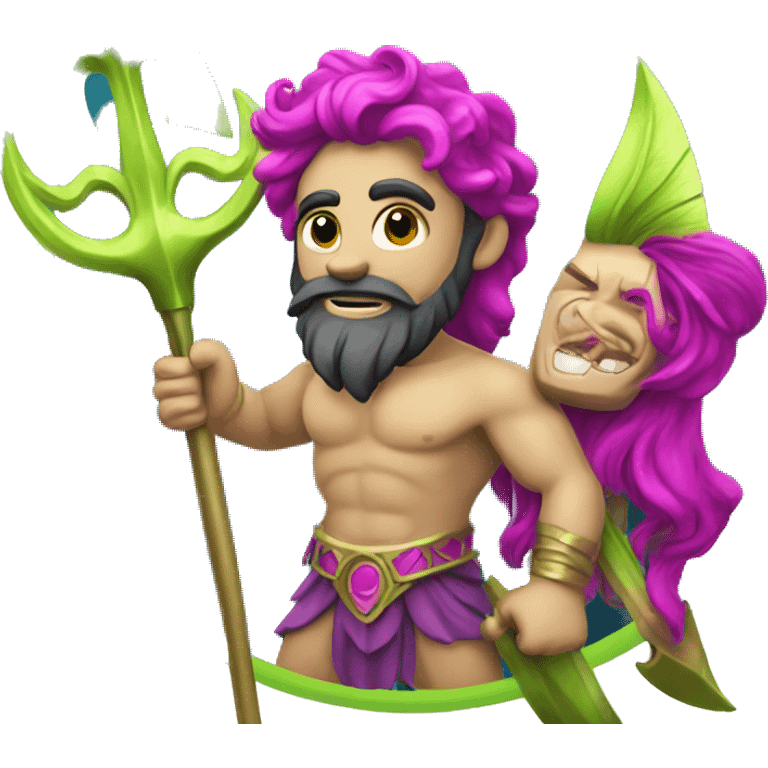 poseidon with magenta and lime hair. holding a trident. emoji