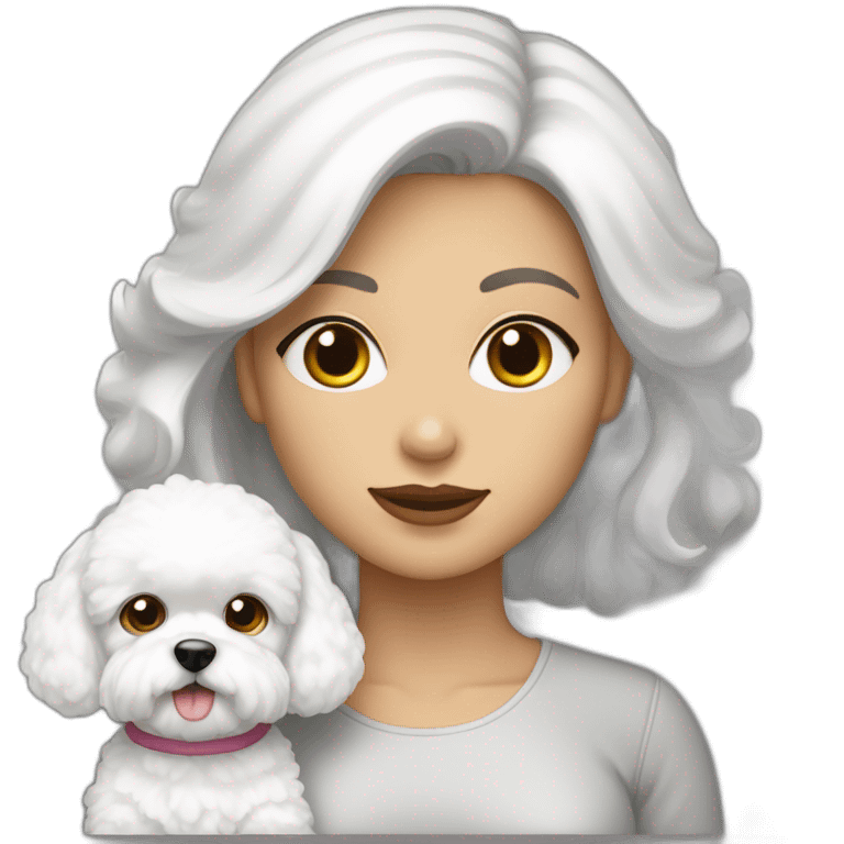 mujer pelo largo con y perro bichon blanco emoji