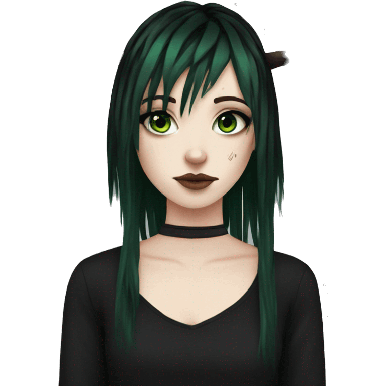 Emo girl, pale skin, green eyes, black dreads, bangs, black clothes, eyeliner, deer antlers  emoji