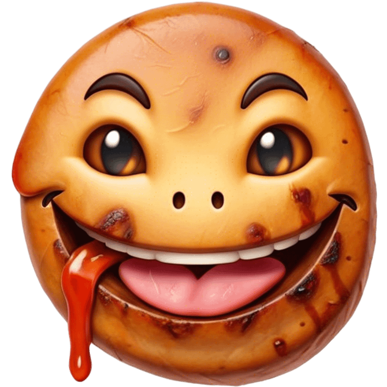 A cinematically realistic emoji with depicted as marinated meat, grilled to perfection, with a rich smoky texture and dynamic mouth-watering lighting. emoji