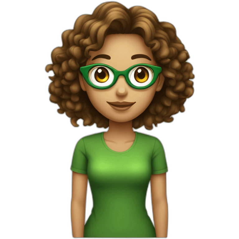 Menina de olhos verdes, pele branca e cabelo ondulado castanho usando óculos  emoji