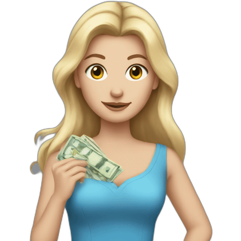 white girl in a blue dress her hair out holding the money emoji