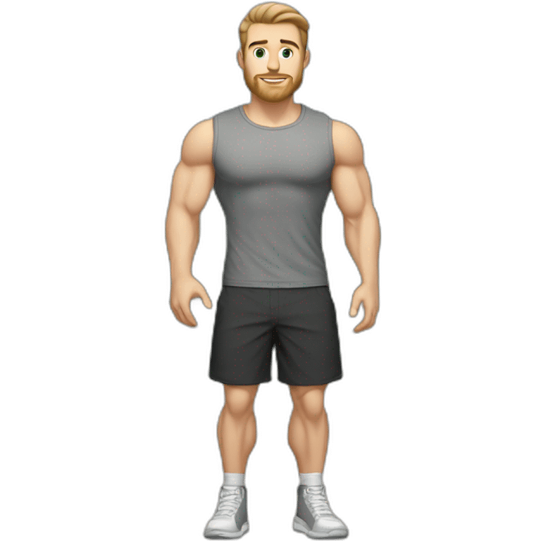 Full height Pale skinned fit man With biceps, Realistic eyes and mouth, light brown hair and stubble In dark gray sleeveless mike, black oversize sports shorts, watch and white sneakers. emoji