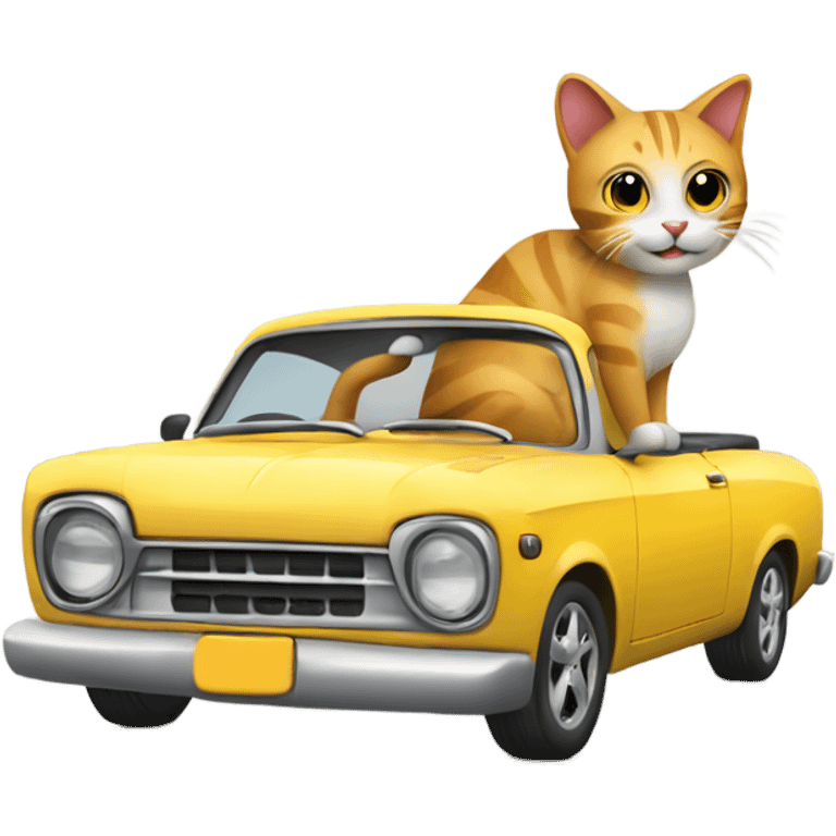 A cartoon emoji-style car with a cat sitting on the open hood, holding a wrench and smiling emoji