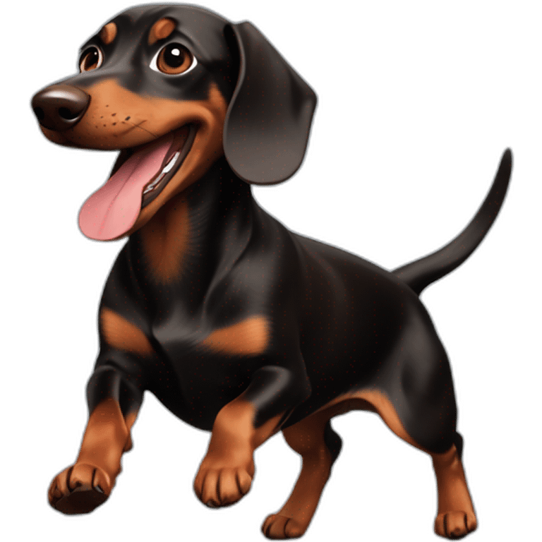 A playful Black and Chocolate Dachshund chasing a toy. emoji