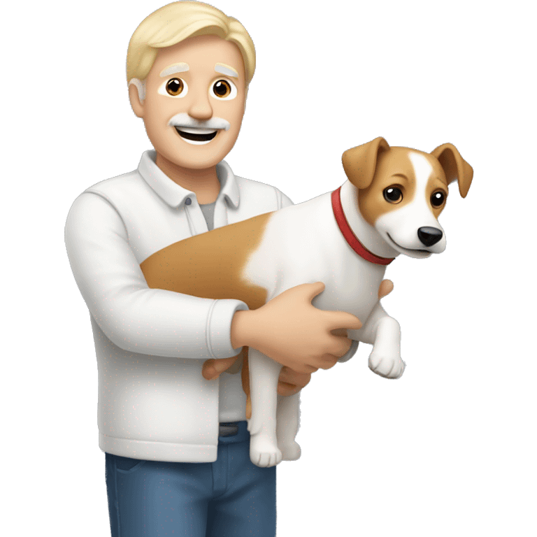 Blond 60 year old guy with smiling jack russel in arms emoji