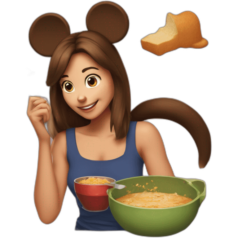 Woman medium brown half tail hair,eating A pot of spread,  with mickey mouse ears, near to a cat emoji