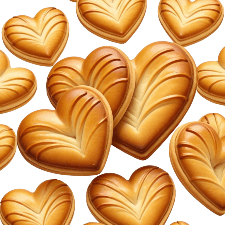 Cinematic crisp palmier, golden-brown heart-shaped pastries, perfectly caramelized layers, delicate and flaky, warm glowing background, inviting and delicious. emoji