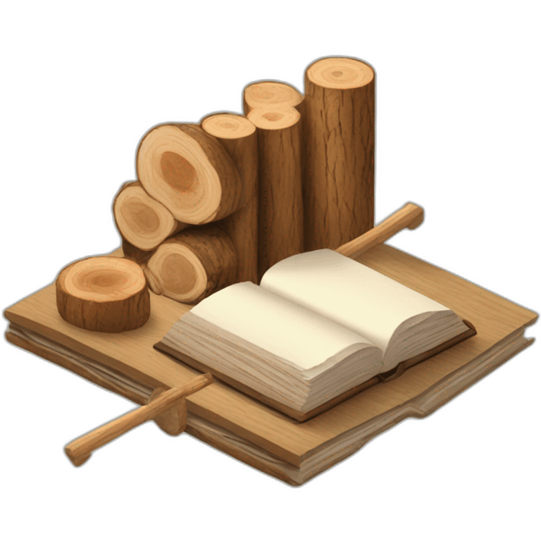 isometric BOOK with picture of wood logs, metal rods, fabric, tools emoji