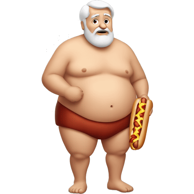 Shirtless Fat old man holding a hotdog with relish emoji