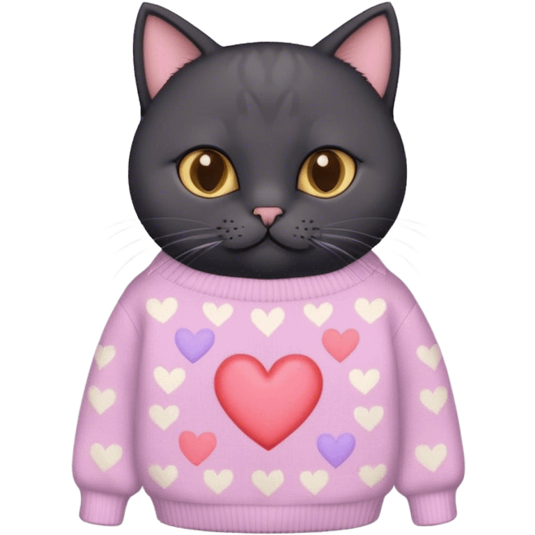 
black british cat in cute pastel sweater with hearts emoji