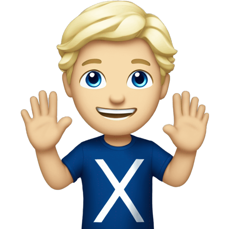 Male with blonde hair and blue eyes waving hand smiling with a Scotland flag emoji