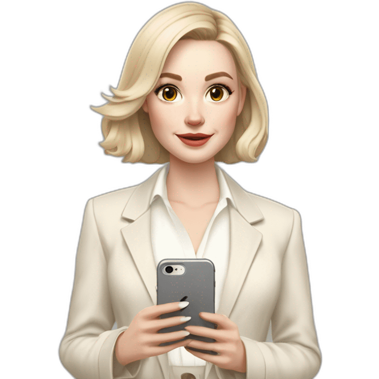 pale skin woman with ash blonde Straightened bob Hair, White Spacious classical jacket, beige palazzo Arrow pants and gray blouse holding white IPhone 14 pro in the hands emoji