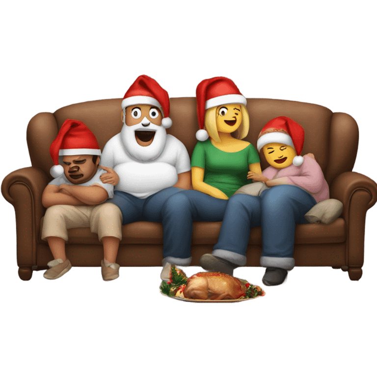 Family sitting on couch wearing Christmas hats. All with fat belly’s. Two people sleeping, one person burping. With Christmas dinner on floor.  emoji