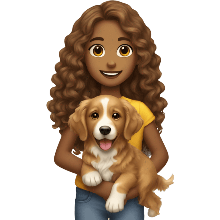 Tan skinned girl with  long brown curly hair with a golden retriever puppy emoji