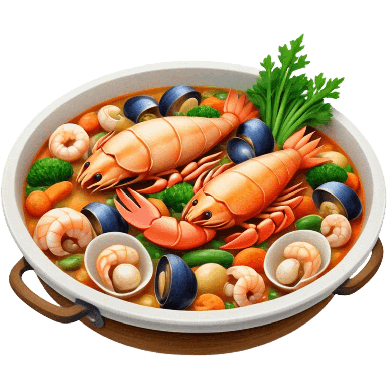 Cinematic Realistic Buzara Seafood Dish Emoji, depicted as a rustic, flavorful seafood stew with shellfish rendered with rich textures and dynamic, maritime lighting. emoji