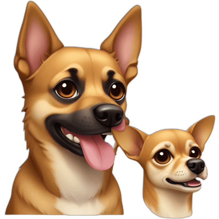 mutt dog with small german shephard head but larger chihuahua eyes and large overbite with left upper sharp canine tooth a crooked and sticking out mouth emoji