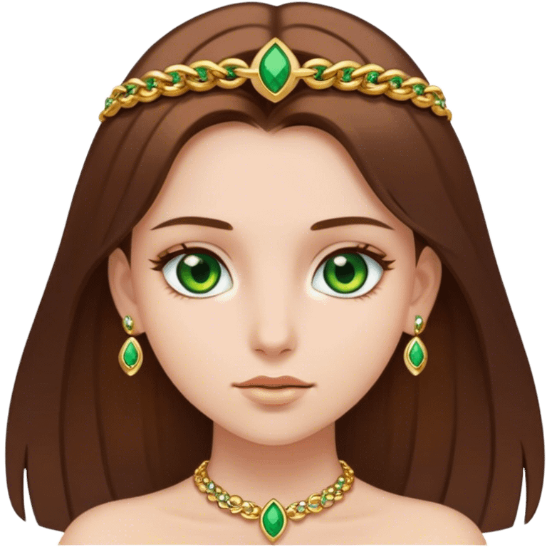 Girl with straight brown hair, green eyes and gold jewellery emoji