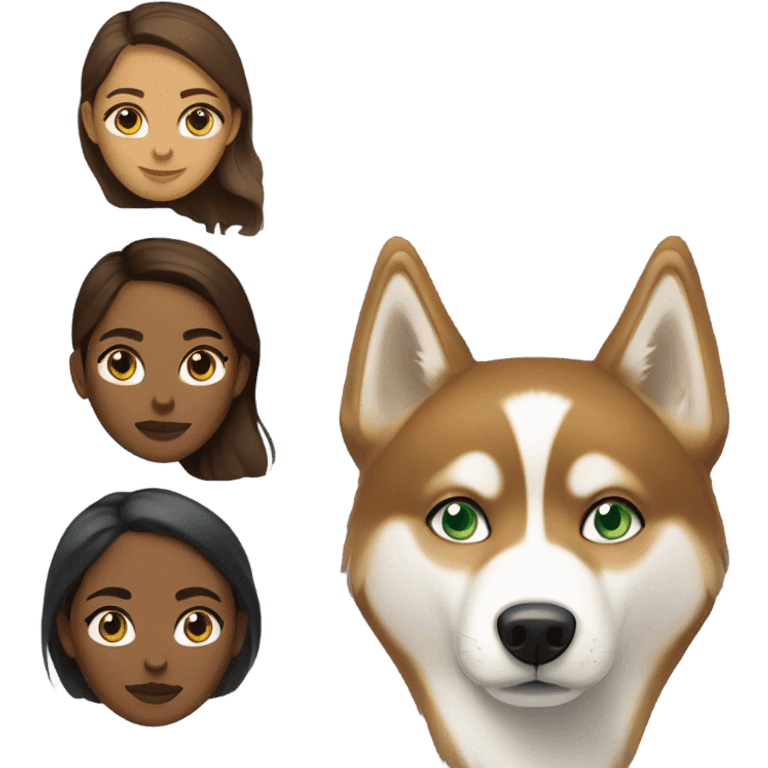 Brown woman with blue eyes with a golden Husky with green eyes emoji