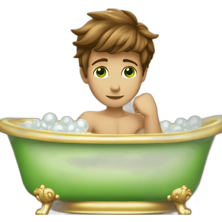 Posh-muscle-boy-brown-hair-green-eyes-pearl-necklace-in-golden-bathtub emoji