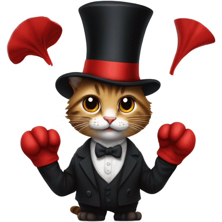 Cat with a top hat wearing a suit and tie and black ripped jeans with a fluffy tail and sharp claws and fingerless gloves while holding a red hat gone  emoji