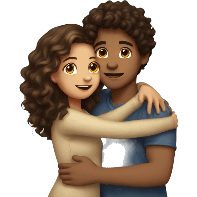 girl with dark brown wavy hair and boy with light brown curly hair kissing and hugging  emoji