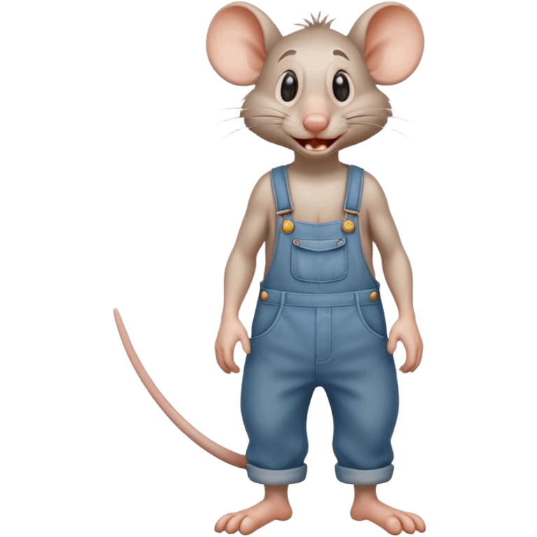 dizzy cartoon hillbilly rat wearing overalls no shirt. standing and talking full body. human eyes. teeth showing talking emoji