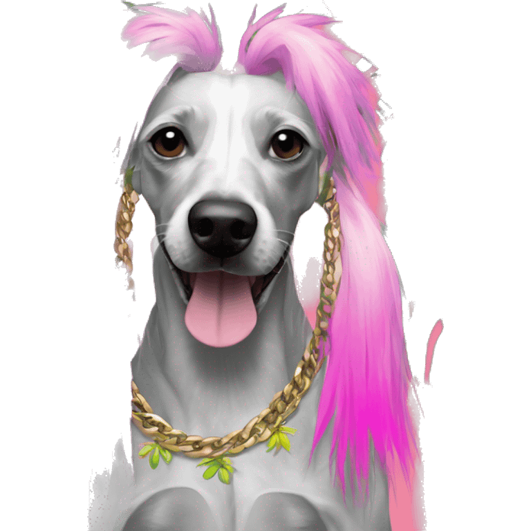 Punk tropical palm leaves flowers Chinese crested dog neon rainbow cyan green pink hair gold chain punk piercings tattoos punk ear piercings emoji