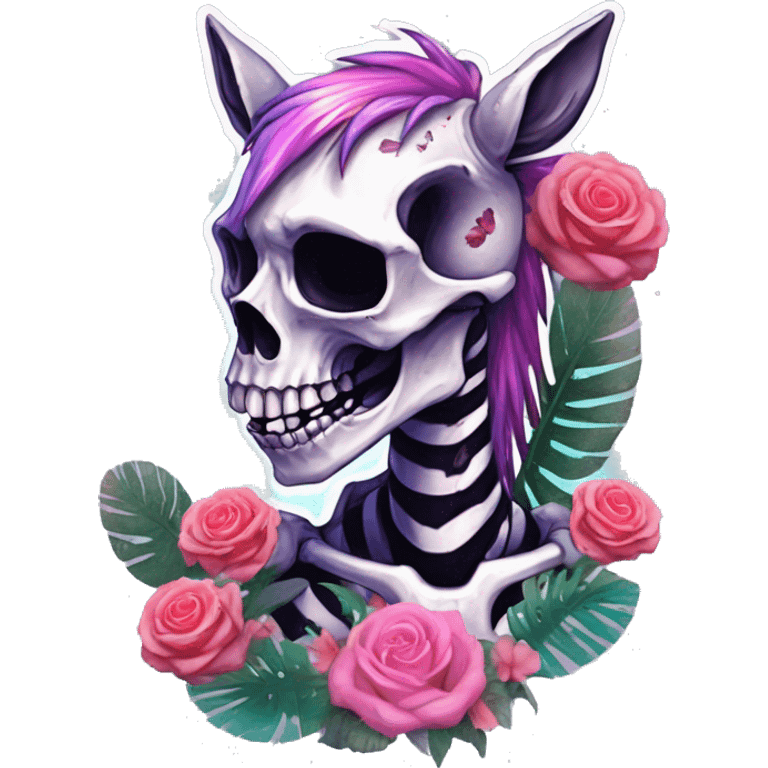 Skeleton zombie Zebra sparkling nebula zebra unicorn skeleton scars scarred broken cracked Pegasus collage roses flowers palm trees tropical  emoji