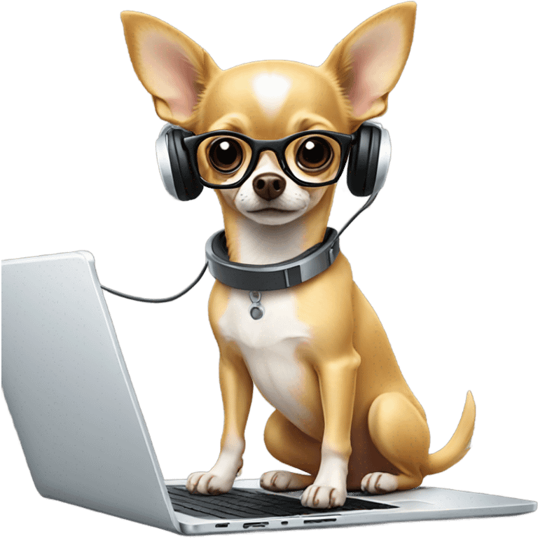 Chihuahua working laptop with glasses and headphones emoji