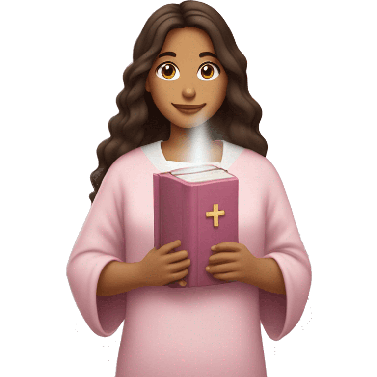 Latina girl holding a light pink Bible with a Christian cross on the cover in one hand and a coffee in the other hand emoji