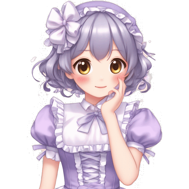 Gorgeous anime style girl blushing face maid outfit Lolita idol model colorful shiny sparkle kawaii pastelcore cottagecore pearly petite simplistic aesthetic trending style emoji