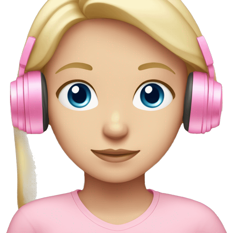 Blonde girl with blue eyes in a light pink shirt with light pink headphones on emoji