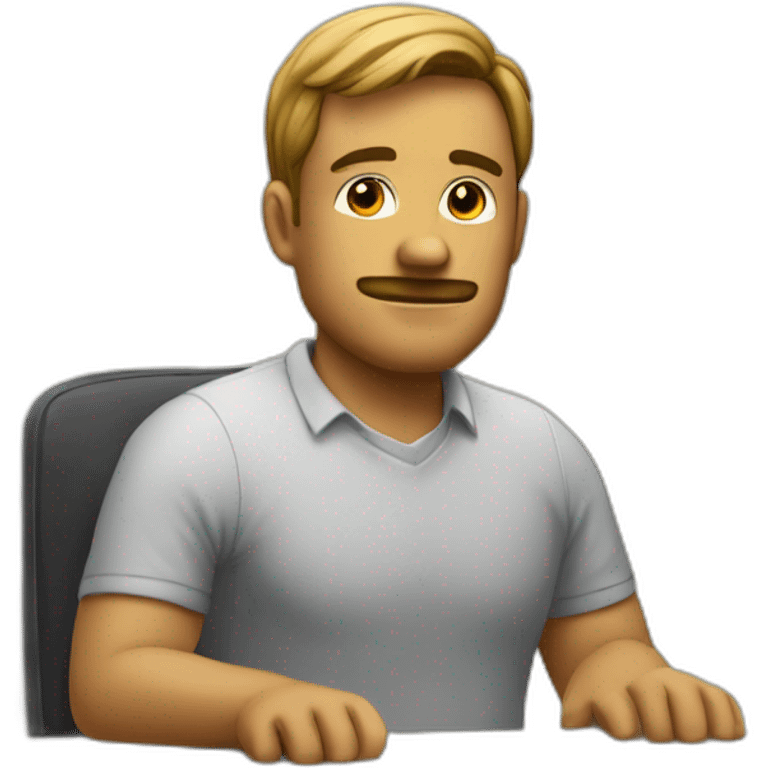 Denis is sitting on the chair near the desk and waiting for going home emoji