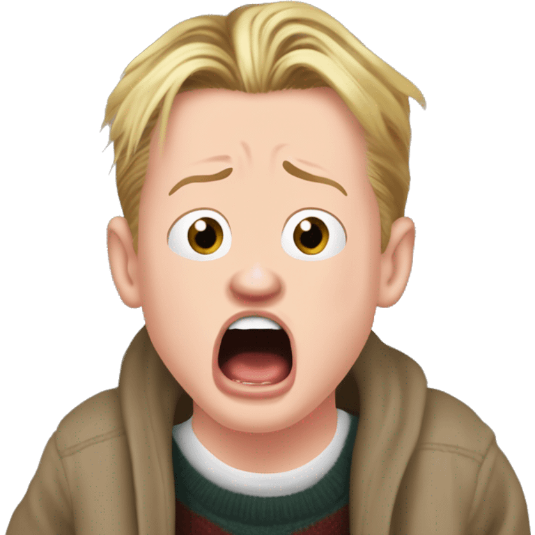 macaulay culkin from Home Alone, putting both hands on his face and screaming of fear. bring the hands down lik he is putting on his cheeks. emoji