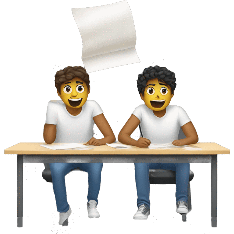 2 European students sitting at desks. They are throwing paper emoji