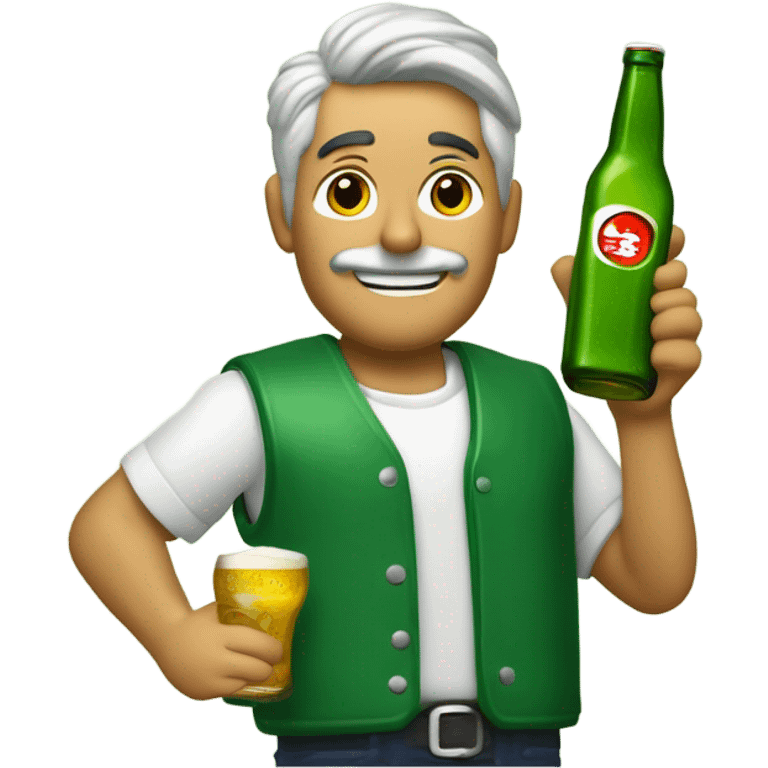 un vendedor con un palo de ciego, un chaleco verde, y tiras de cupones en el chaleco, bebiendose una cerveza emoji