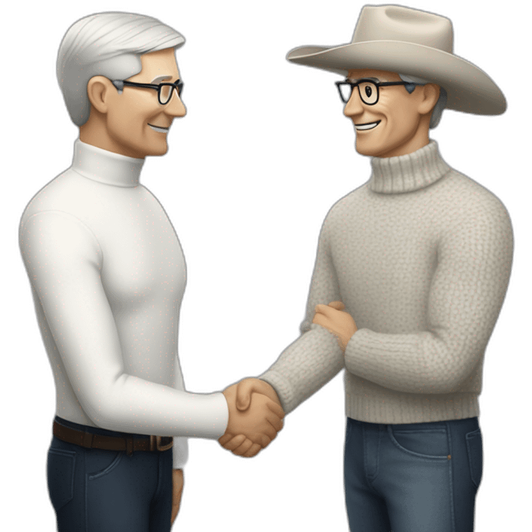 Tim Cook in turtle neck shaking hands with a white cowboy emoji