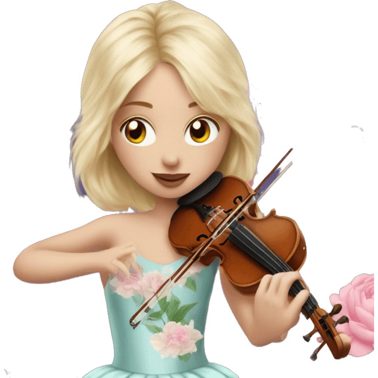 blonde with skin girl with soft pastel tutu playing violin with peonies and sparkles realistic coquette emoji