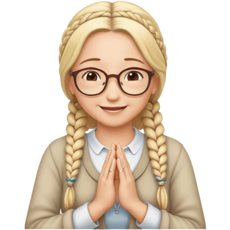 Blond middle aged woman with reading glasses and long braids has her hands like praying it’s smiling and thinking of hearts  emoji