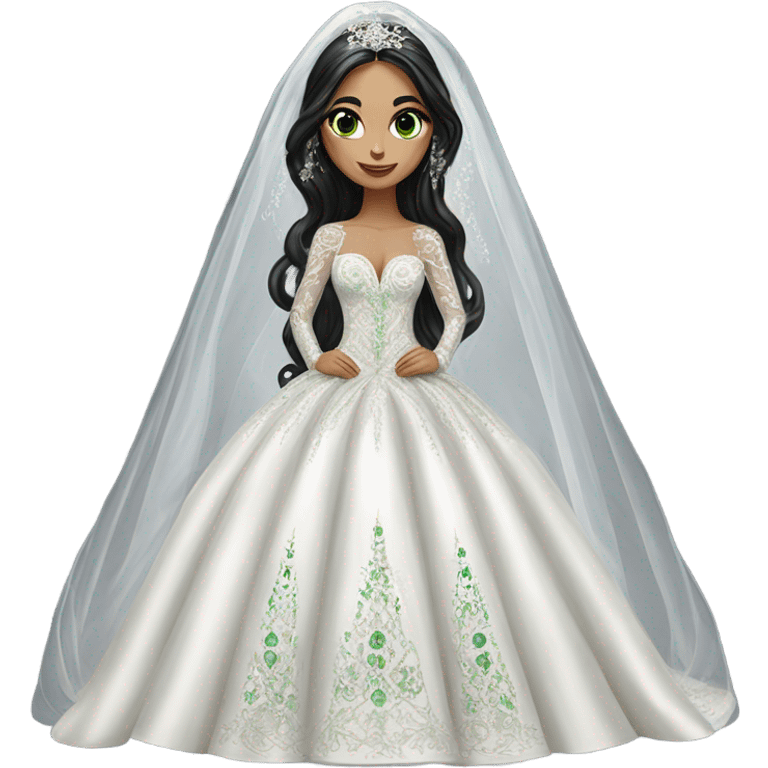 Hyper Realistic ornate ballgown long sleeve Wedding dress with diamanté on Russian bride with green eyes and long black hair with veil hyper realistic  emoji