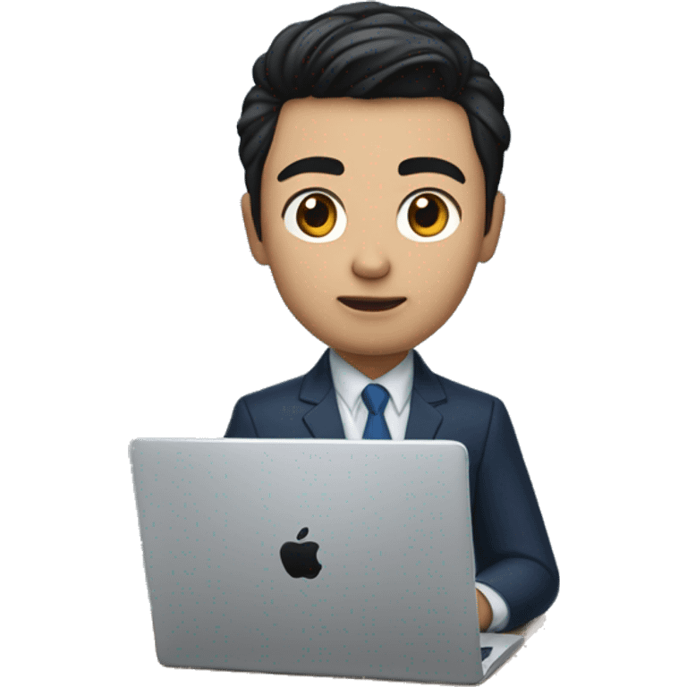 memoji of a young man with a laptop in front, apple-style, on laptop with a blue sticker with 4 letters: "WYZE", modern, dark hair, dark blue suit, computer in hand, chinese skin, sitting on this desk emoji