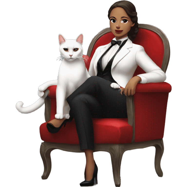 a woman cosplaying don corleone as a mafia boss sitting on a red chair petting a white cat on his lap emoji